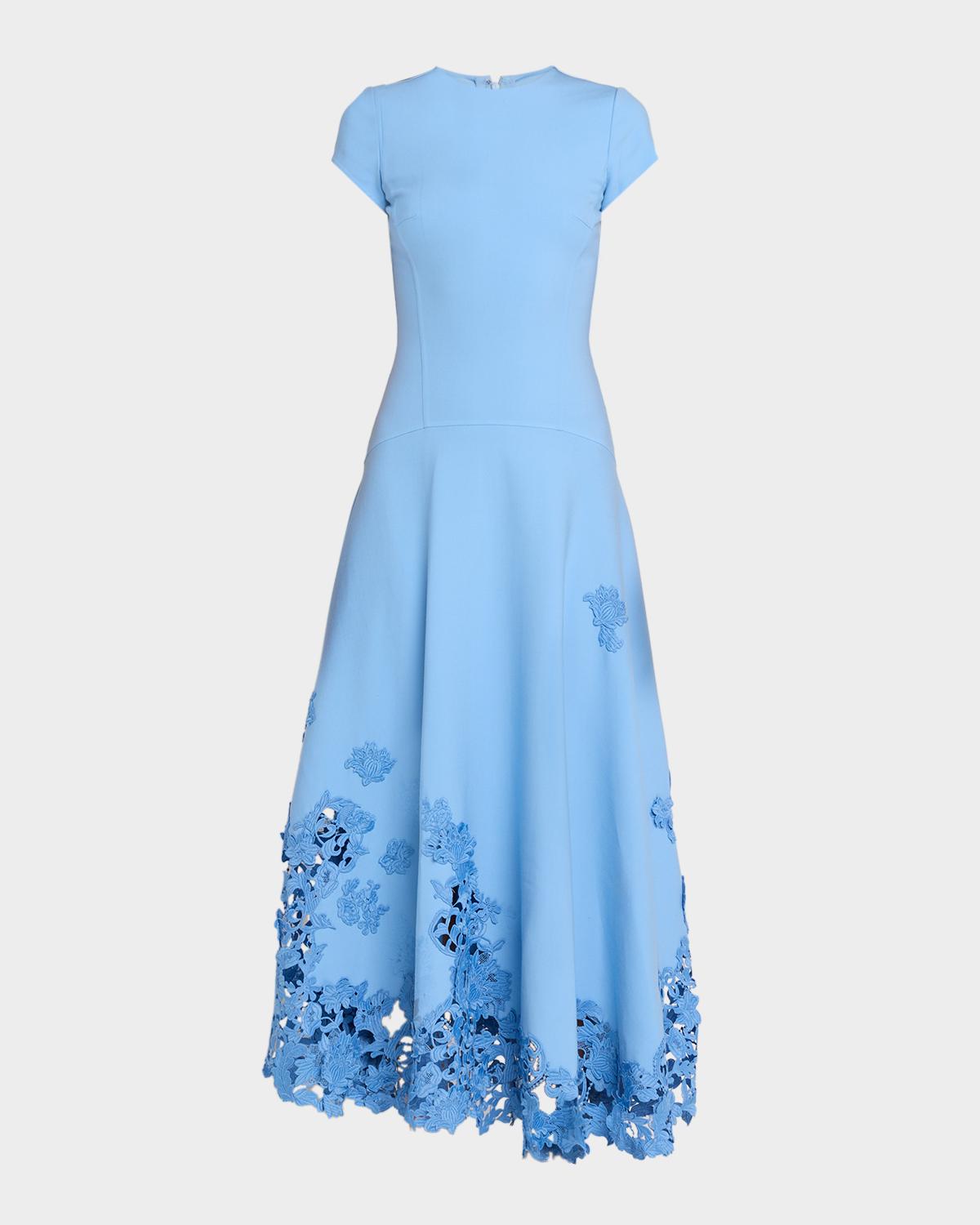Oscar de la Renta Short-Sleeve Botanical Guipure Inset Ankle Dress