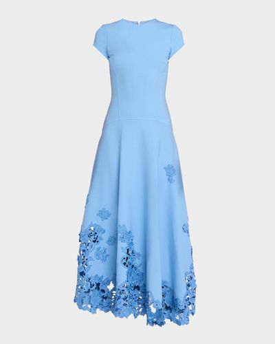 Oscar de la Renta Short-Sleeve Botanical Guipure Inset Ankle Dress