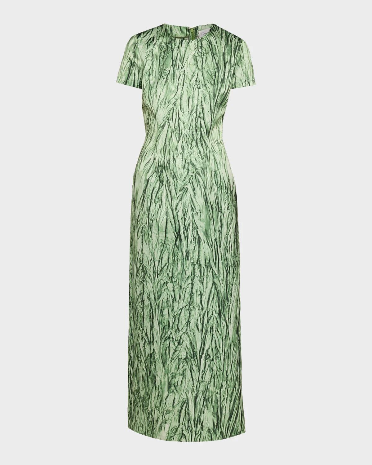 Oscar de la Renta Short-Sleeve Crushed Velvet-Printed Satin Midi Dress