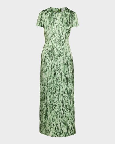 Oscar de la Renta Short-Sleeve Crushed Velvet-Printed Satin Midi Dress