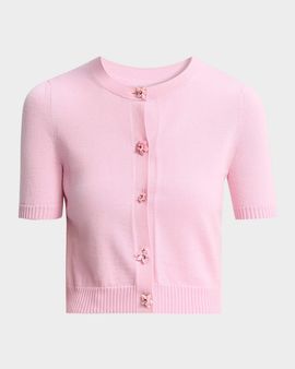 Oscar de la Renta Short-Sleeve Flower-Button Crewneck Cardigan