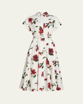 Oscar de la Renta Short-Sleeve Hibiscus Cotton Poplin Midi Shirtdress With Belt