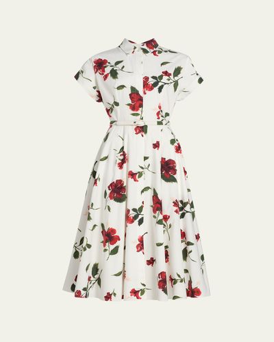 Oscar de la Renta Short-Sleeve Hibiscus Cotton Poplin Midi Shirtdress With Belt
