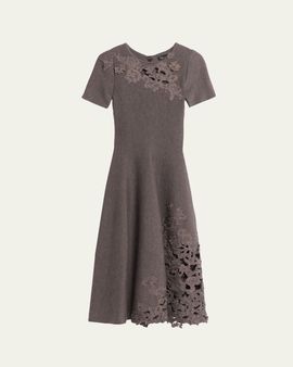 Oscar de la Renta Short-Sleeve Lace-Inset Wool Knit Midi Dress