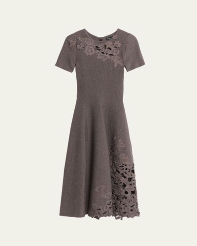 Oscar de la Renta Short-Sleeve Lace-Inset Wool Knit Midi Dress