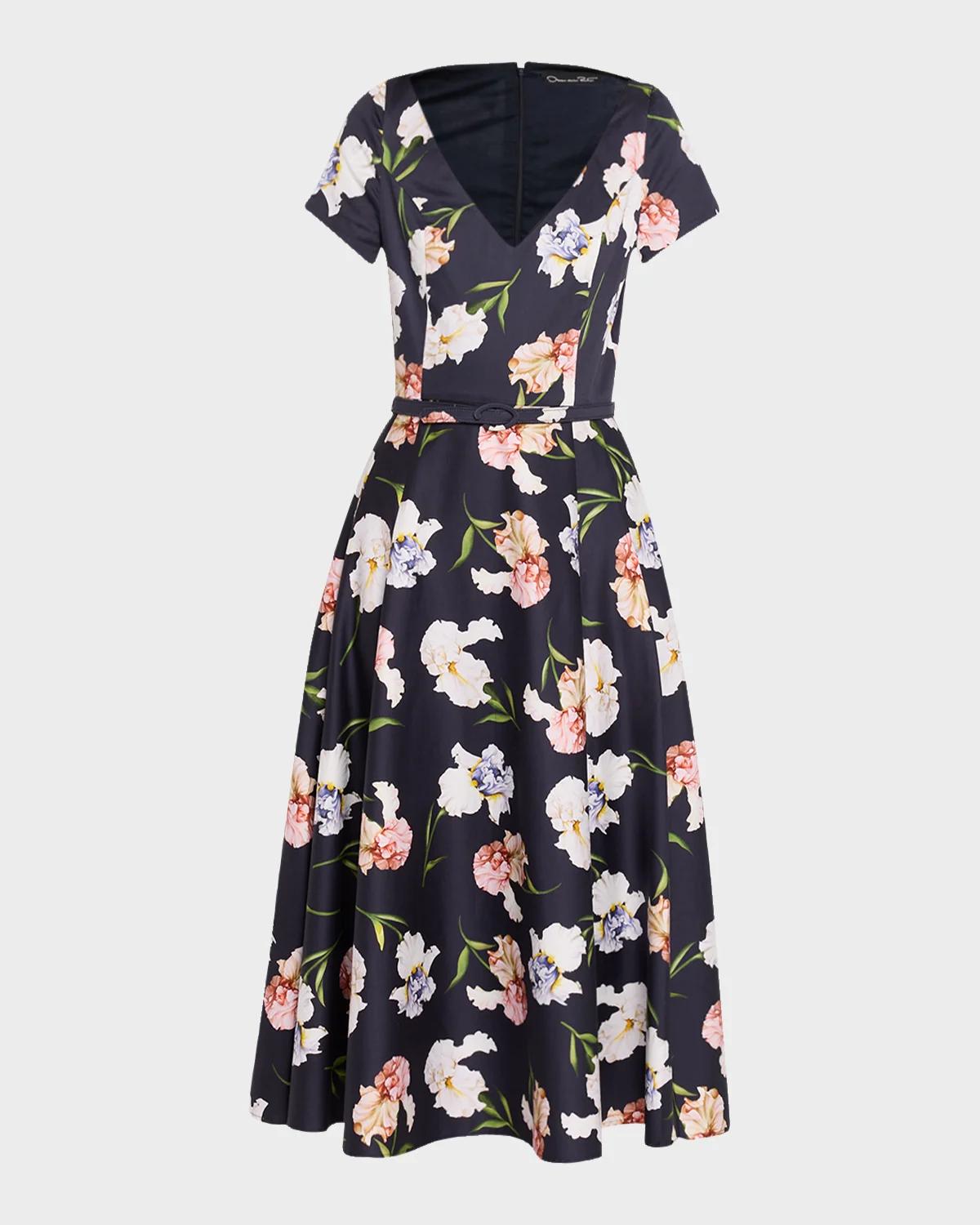 Oscar de la Renta Short-Sleeve Painted Iris Cotton Belted Midi Dress