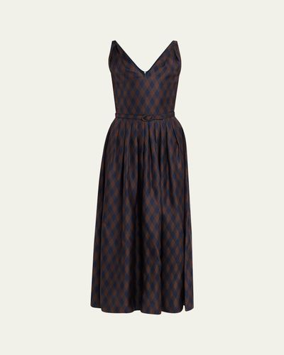 Oscar de la Renta Sleeveless Argyle Silk Belted Midi Dress