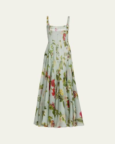 Oscar de la Renta Sleeveless Chine Hibiscus Silk Gazar Trumpet Gown