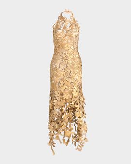 Oscar de la Renta Sleeveless Corded Floral Halter Midi Cocktail Dress