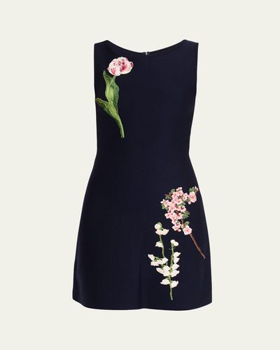 Oscar de la Renta Sleeveless Floral Embroidered Wool Knit Mini Dress