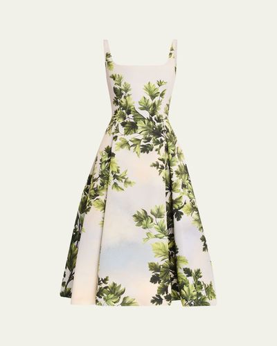 Oscar de la Renta Sleeveless Foliage-Print Faille Square-Neck Midi Dress