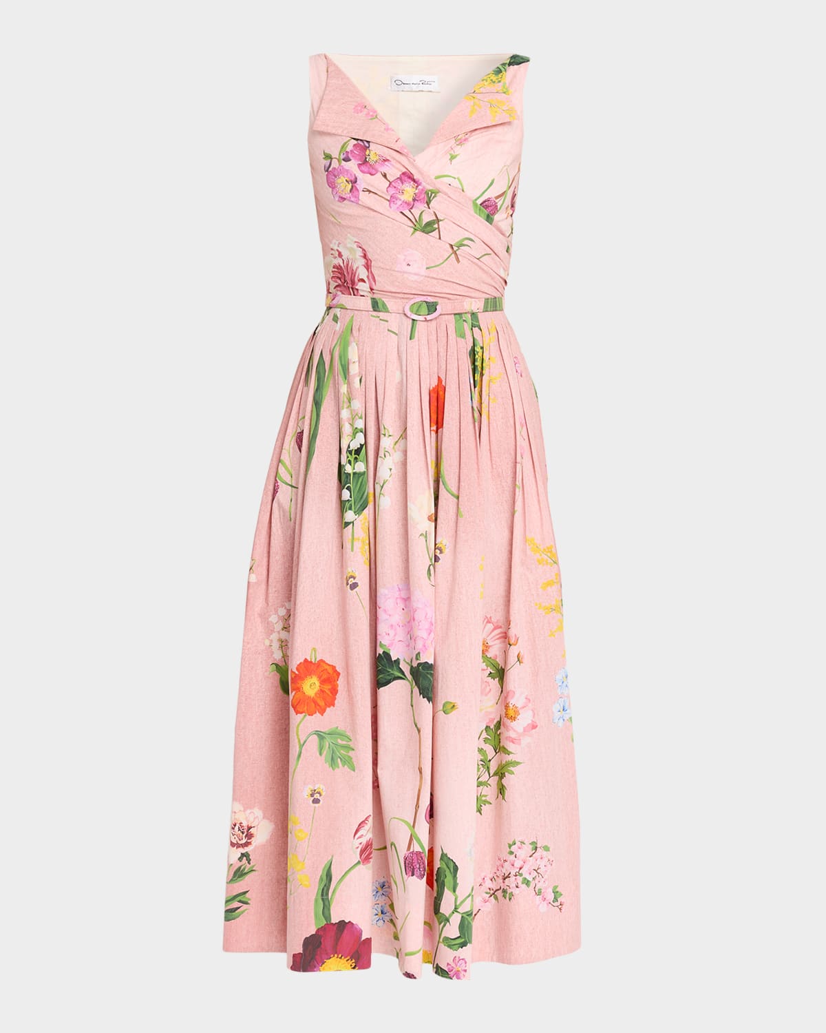 Oscar de la Renta Sleeveless Mixed Botanical Draped Cotton Midi Dress