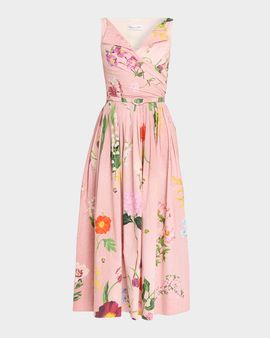 Oscar de la Renta Sleeveless Mixed Botanical Draped Cotton Midi Dress