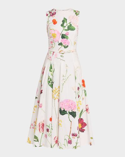 Oscar de la Renta Sleeveless Mixed Botanical Pleated Midi Day Dress With Belt