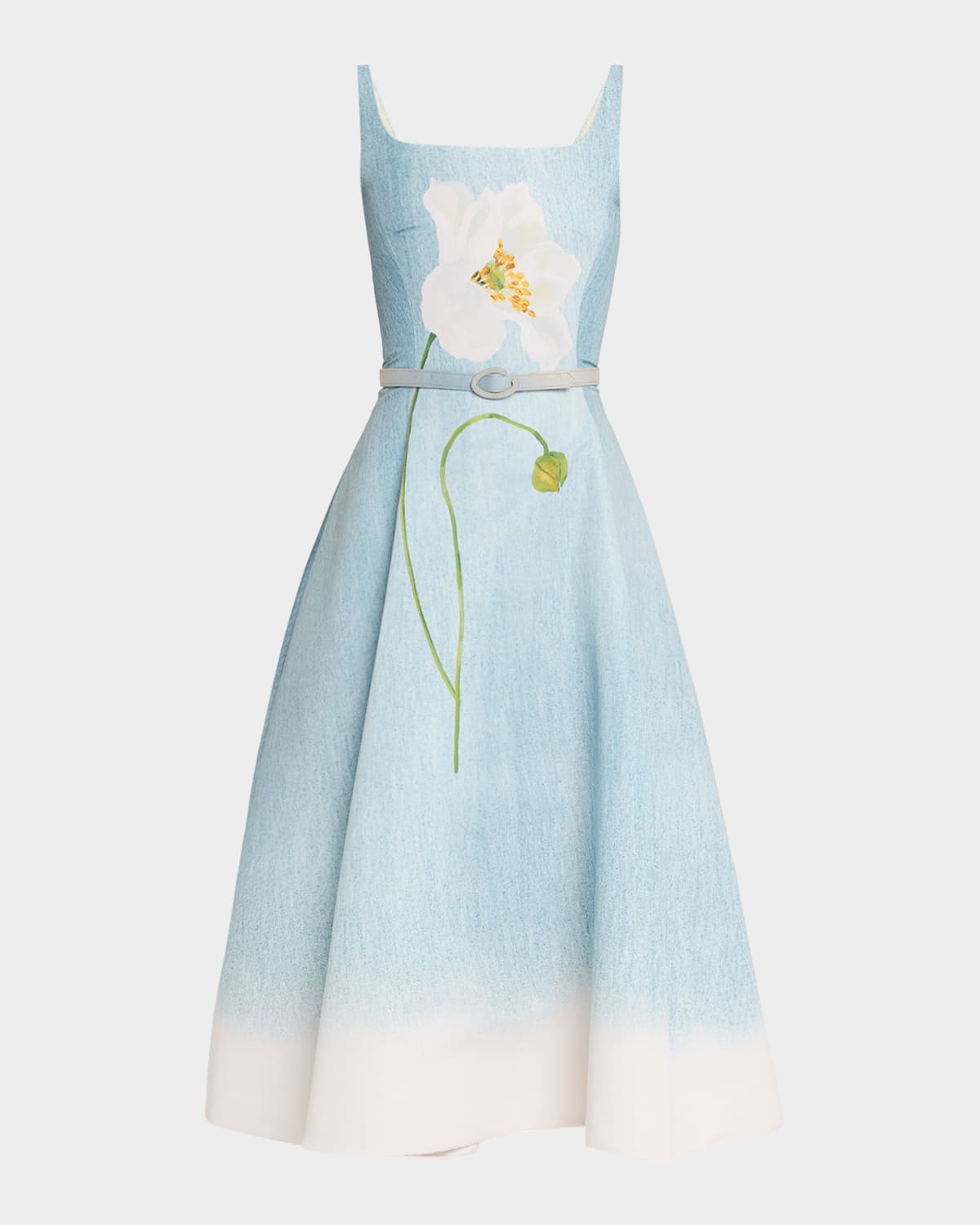 Oscar de la Renta Sleeveless Scoop-Neck Peony Faille Midi Day Dress