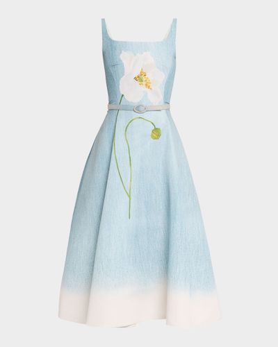 Oscar de la Renta Sleeveless Scoop-Neck Peony Faille Midi Day Dress