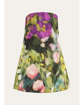 Oscar de la Renta Strapless Abstract Landscape Print Faille Mini Dress