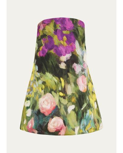 Oscar de la Renta Strapless Abstract Landscape Print Faille Mini Dress