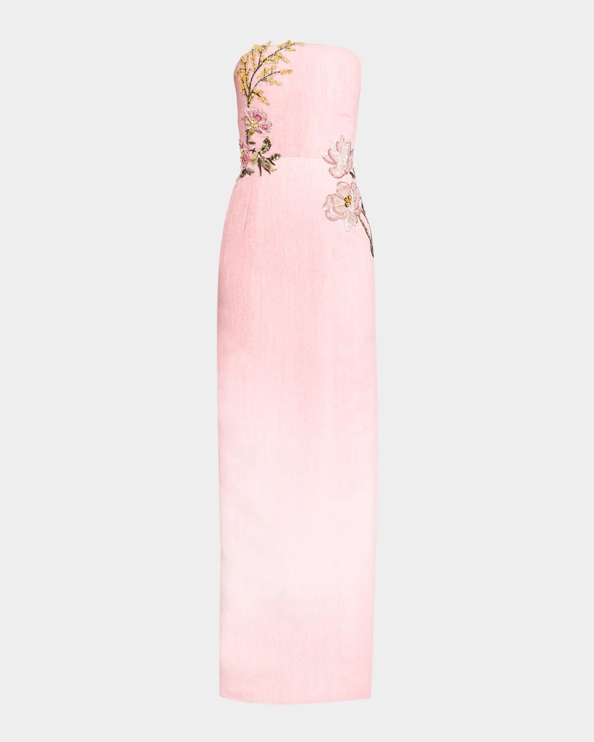 Oscar de la Renta Strapless Beaded Flower Column Gown