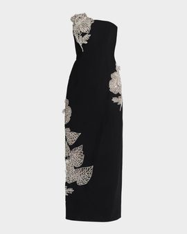 Oscar de la Renta Strapless Crystal Floral Inset Column Gown