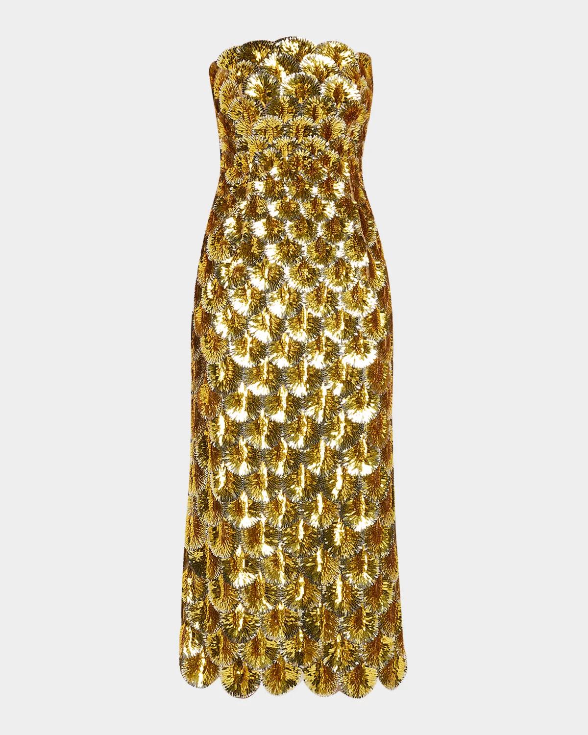 Oscar de la Renta Strapless Scallop Sequined Midi Cocktail Dress