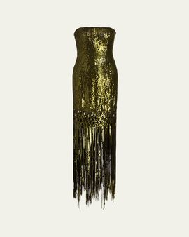 Oscar de la Renta Strapless Sequined Fringe Maxi Dress