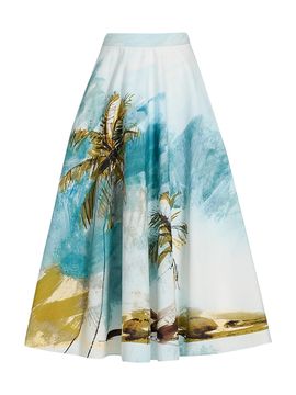 Oscar de la Renta Women's Beach Print Cotton Poplin Circle Midi-Skirt