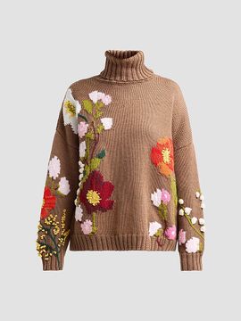 Oscar de la Renta Women's Floral-Embroidered Intarsia-Knit Wool Sweater