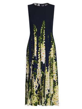 Oscar de la Renta Women's Foxglove-Print Pleated Midi-Dress