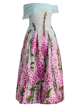 Oscar de la Renta Women's Foxgloves-Embroidered Organza Off-the-Shoulder Dress
