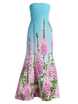 Oscar de la Renta Women's Foxgloves-Print Ombré Faille Strapless Gown