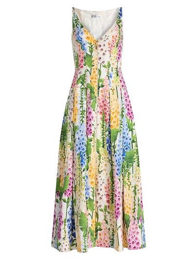 Oscar de la Renta Women's Foxgloves-Print Stretch-Cotton Poplin Maxi Dress