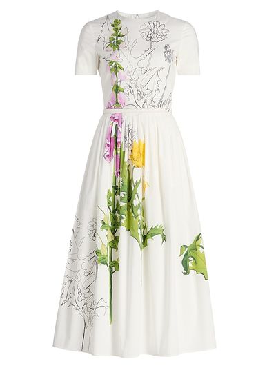 Oscar de la Renta Women's Foxgloves & Dandelion Stretch-Cotton Poplin Midi-Dress
