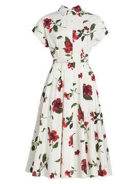 Oscar de la Renta Women's Hibiscus Cotton Poplin Belted Midi-Shirtdress
