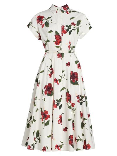 Oscar de la Renta Women's Hibiscus Cotton Poplin Belted Midi-Shirtdress