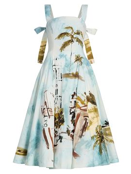 Oscar de la Renta Women's Landscape-Print Cotton Poplin Midi-Dress