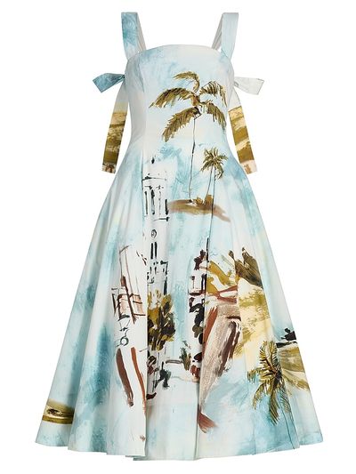 Oscar de la Renta Women's Landscape-Print Cotton Poplin Midi-Dress