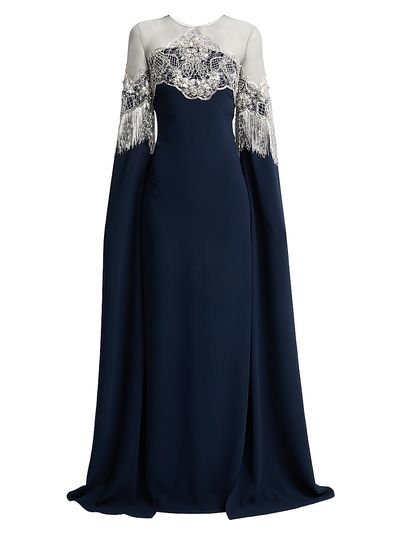 Oscar de la Renta Women's Metallic Lace Illusion Cape Gown