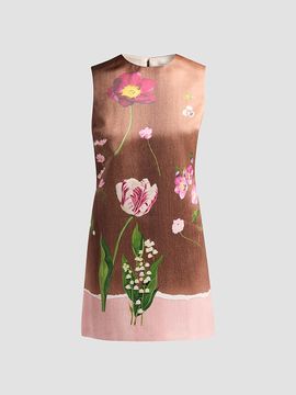 Oscar de la Renta Women's Mixed Botanical Border Satin Sleeveless Mini Dress