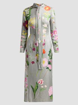 Oscar de la Renta Women's Mixed Botanical Silk Long-Sleeve Midi Dress