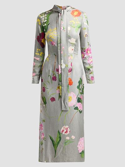 Oscar de la Renta Women's Mixed Botanical Silk Long-Sleeve Midi Dress
