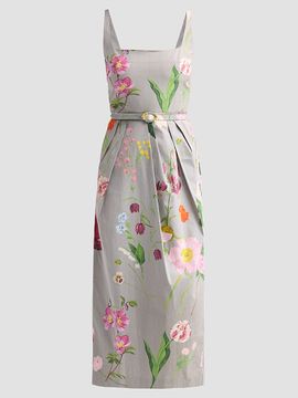 Oscar de la Renta Women's Mixed Botanical Stretch Cotton Pleated Day Dress