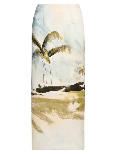Oscar de la Renta Women's Palm Tree-Print Satin Pencil Midi-Skirt