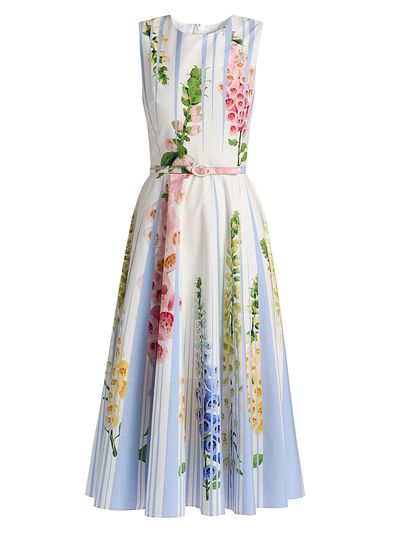 Oscar de la Renta Women's Pleated Foxgloves-Print Cotton Poplin Midi-Dress