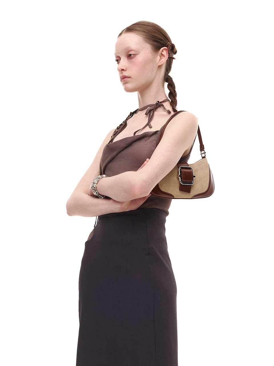 OSOI Suede Buckle Square Ring Shoulder Bag [BROWN COMBI]