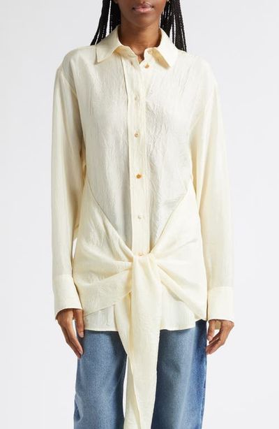 OSSOU OSSOU Arroyo Tie Front Crinkle Satin Button-Up Shirt