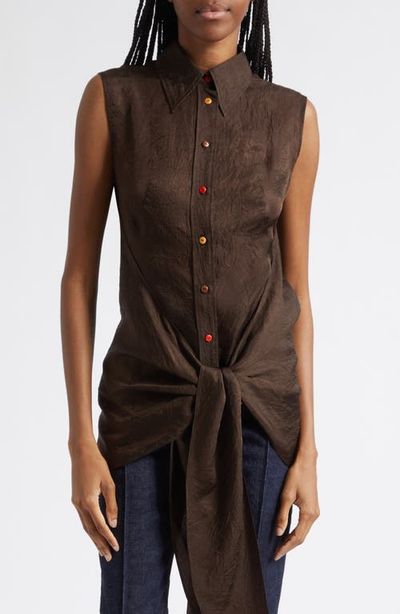 OSSOU OSSOU Ranger Sleeveless Tie Front Crinkle Satin Button-Up Shirt