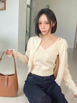 OSTKAKA Cotton Blended Twin Set Cardigan [2colors]
