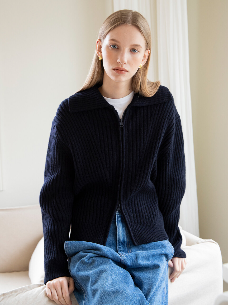OSTKAKA Eve Zip Up Knit Cardigan Midnight Blue