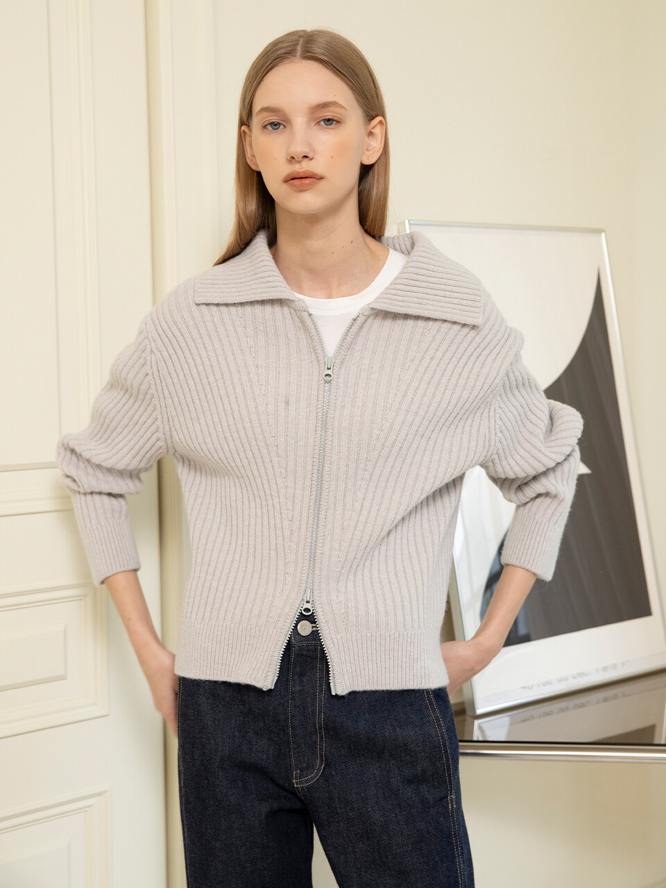 OSTKAKA Eve Zip Up Knit Cardigan Silver